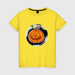 Футболка хлопковая женская Мультяшная злая тыква Хэллоуин, цвет: желтый
