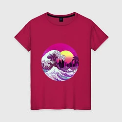 Футболка хлопковая женская Ретровейв волна, цвет: маджента