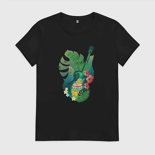 Женская футболка Ретро акустическая гитара с барабаном и тропически / Черный – фото 1