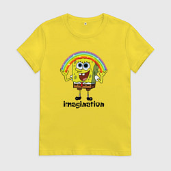 Футболка хлопковая женская Губка боб воображение мем, цвет: желтый