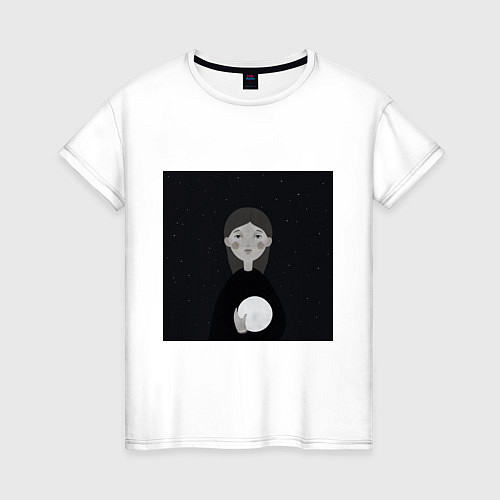 Женская футболка Девочка с луной в руке на фоне звёздного неба / Белый – фото 1