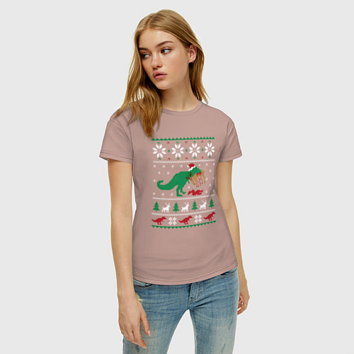 Женская футболка Новогодний тирекс - ugly sweater / Пыльно-розовый – фото 3