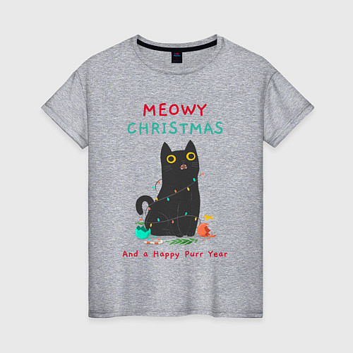 Женская футболка Meowy Christmas and a happy purr year / Меланж – фото 1