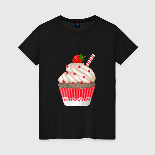 Женская футболка Кекс с земляникой в красной тарталетке / Черный – фото 1