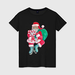 Женская футболка Санта Клаус с мешком подарков на коньках