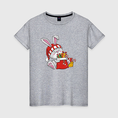 Женская футболка Зайчик с новогодними подарками / Меланж – фото 1