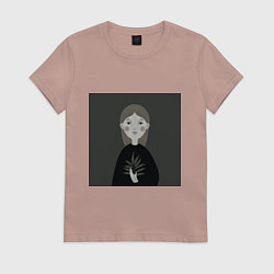 Футболка хлопковая женская Мультяшная девочка с растением в руке, цвет: пыльно-розовый