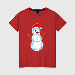 Футболка хлопковая женская Мультяшный новогодний снеговик, цвет: красный