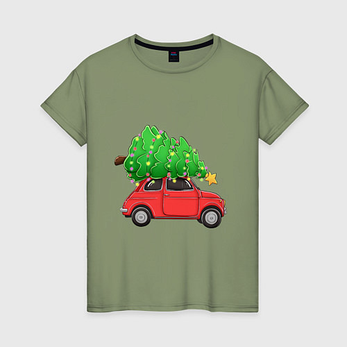 Женская футболка Новогодняя машина с праздничной елкой / Авокадо – фото 1