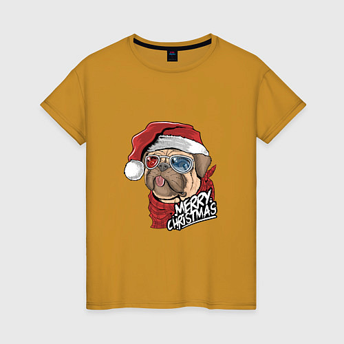 Женская футболка Pug merry christmas / Горчичный – фото 1