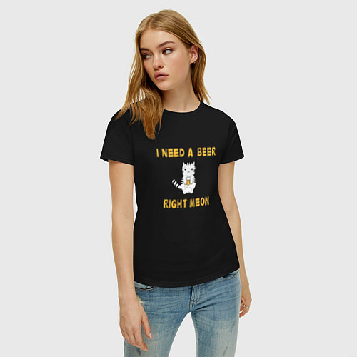 Женская футболка I need a beer right meow / Черный – фото 3