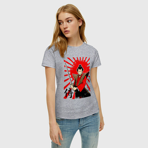 Женская футболка Самурай с мечом на фоне флага / Меланж – фото 3