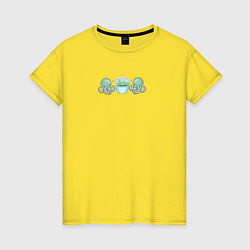 Футболка хлопковая женская Осьминоги и цветок суккулент пиксели, цвет: желтый
