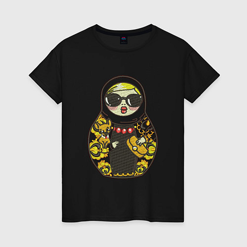 Женская футболка Современная матрешка с собачкой / Черный – фото 1