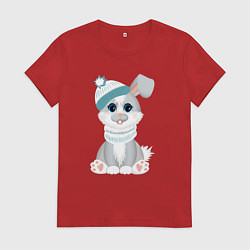 Футболка хлопковая женская Зайчик в шапке, цвет: красный