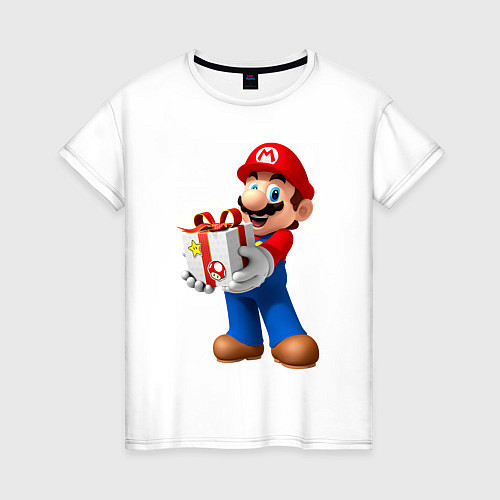 Женская футболка Марио держит подарок / Белый – фото 1