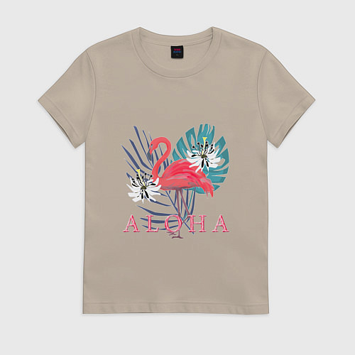 Женская футболка Розовый фламинго и белые цветы / Миндальный – фото 1