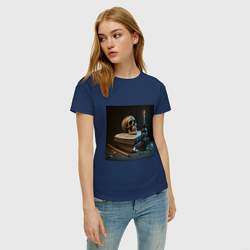 Женская футболка Уроки вечности - череп на книгах / Тёмно-синий – фото 3