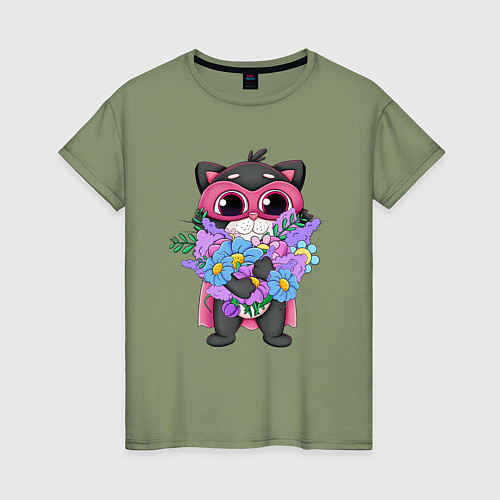 Женская футболка Кот супергерой с цветами / Авокадо – фото 1