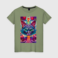 Женская футболка Взгляд цветочного кота - нейросеть - фантазия