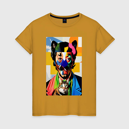 Женская футболка Портрет Сальвадора Дали с котом / Горчичный – фото 1