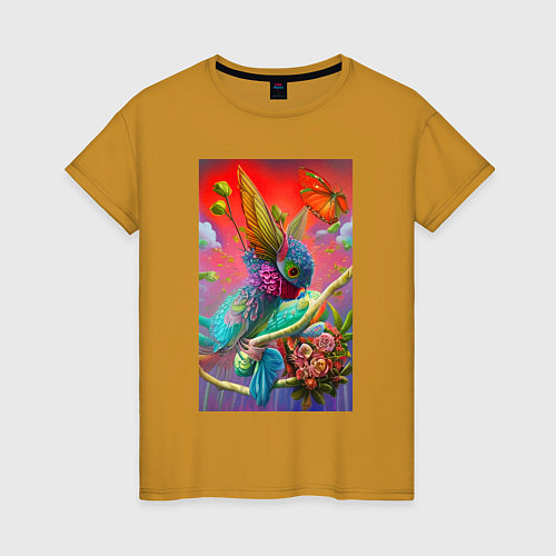 Женская футболка Цветочная фантазия - нейросеть / Горчичный – фото 1