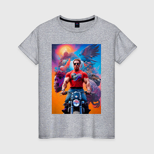 Женская футболка Арнольд Шварценеггер на мотоцикле - нейросеть / Меланж – фото 1