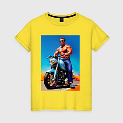 Футболка хлопковая женская Arnold Schwarzenegger on a motorcycle -neural netw, цвет: желтый