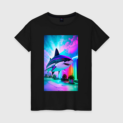 Женская футболка Неоновая акула - нейросеть / Черный – фото 1