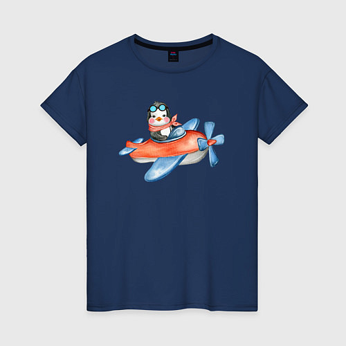 Женская футболка Пингвин летит на вертолете / Тёмно-синий – фото 1
