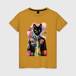 Женская футболка Чёрный кот модник - нейросеть