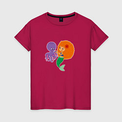 Футболка хлопковая женская Русалочка и осьминог, цвет: маджента