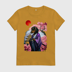 Женская футболка Такса-Самурай весенняя на фоне сакуры