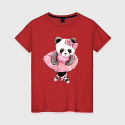 Футболка хлопковая женская Милая животная панда балерина акварель, цвет: красный