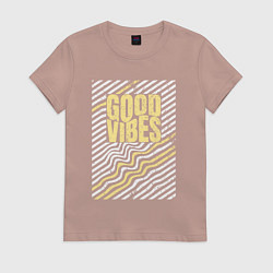 Футболка хлопковая женская Good vibes и полосы, цвет: пыльно-розовый
