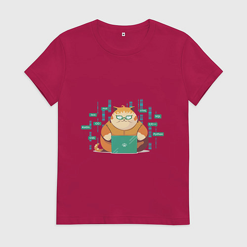 Женская футболка Толстенький кот программист / Маджента – фото 1