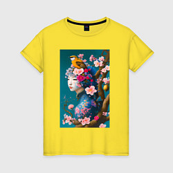 Женская футболка Девушка с птицей на фоне цветущей сакуры