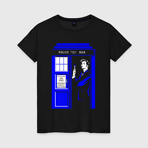 Женская футболка Доктор Кто у двери Тардис / Черный – фото 1
