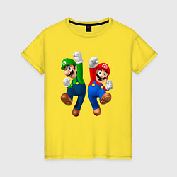 Футболка хлопковая женская Луиджи и Марио в прыжке, цвет: желтый