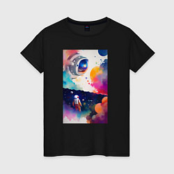 Женская футболка Абстрактный космонавт и разноцветные брызги краски