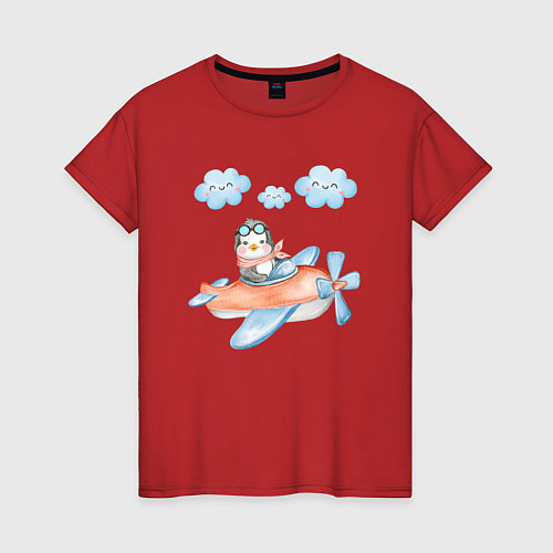 Женская футболка Маленький пингвин летит на самолете / Красный – фото 1