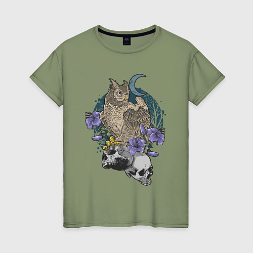 Женская футболка Сова сидит на черепах / Авокадо – фото 1