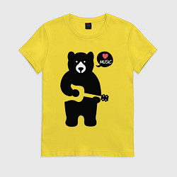 Футболка хлопковая женская Мишка любит музыку, цвет: желтый