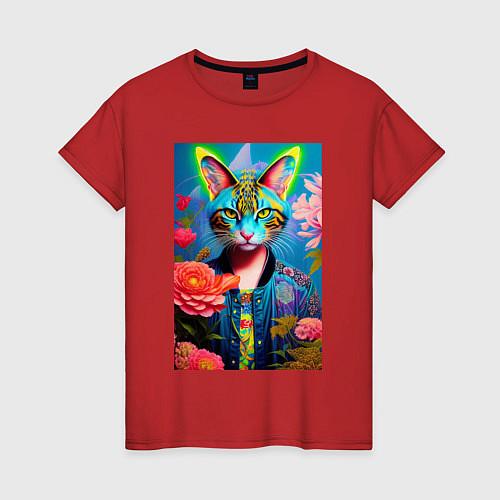 Женская футболка Кошачья мода - нейросеть - живопись / Красный – фото 1