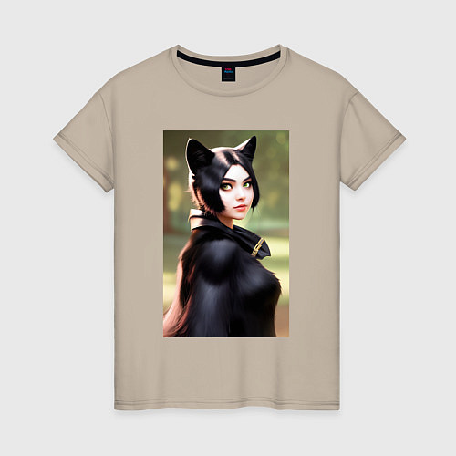 Женская футболка Девушка-кошка - нейросеть / Миндальный – фото 1
