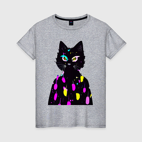 Женская футболка Котяра в модном свитере - неон / Меланж – фото 1