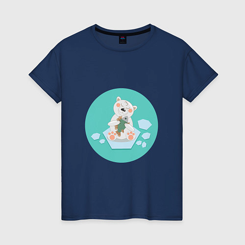 Женская футболка Полярный медвежонок с рыбой на льдине / Тёмно-синий – фото 1
