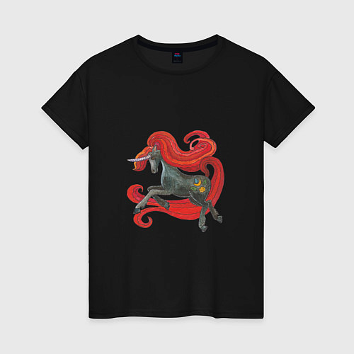 Женская футболка Серый единорог с красной гривой / Черный – фото 1