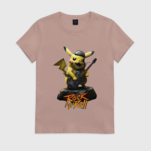 Женская футболка Пикачу рокер с гитарой / Пыльно-розовый – фото 1