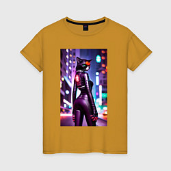 Женская футболка Девушка-кошка в ночном городе - киберпанк